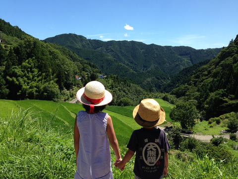 棚田を見守る子どもたちの写真