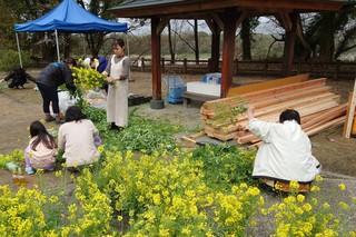 小さなお子さんも一緒に花の設営のお手伝いです